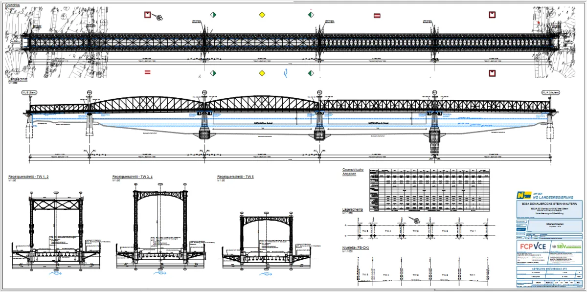 Technischer Bauplan mit einem Grundriss oben und einem Längsschnitt in der Mitte. Darunter befinden sich drei Regelquerschnitte (TW 1,2 / TW 3,4 / TW 5), die typische Querschnittsformen der Tragwerke zeigen.