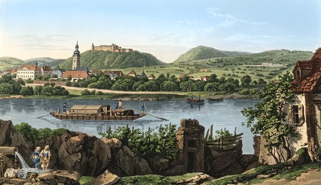 Zeitgenössische Illustration von Krems und Stein an der Donau, mit einer Flussfähre, aus der Zeit vor dem Bau der ersten Brücke.